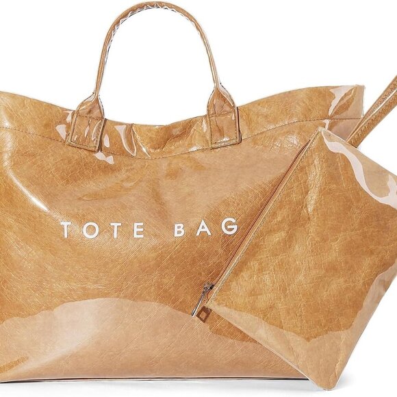 PVC Tote Bag Women Kraft Paper Letters Print Large Capacity Purse Handbag - Picture 1 of 7